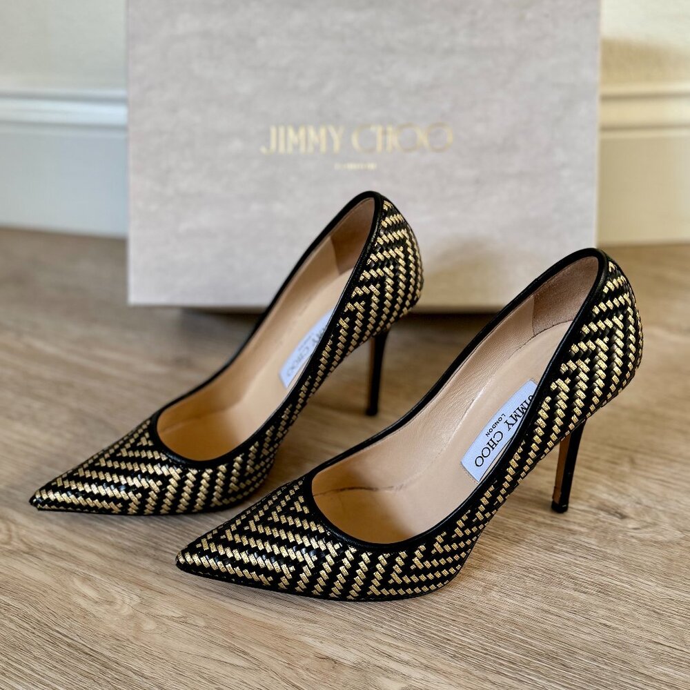 JIMMY CHOO Abel Black Gold Woven Metallic Thread Pumps - EU 38.5